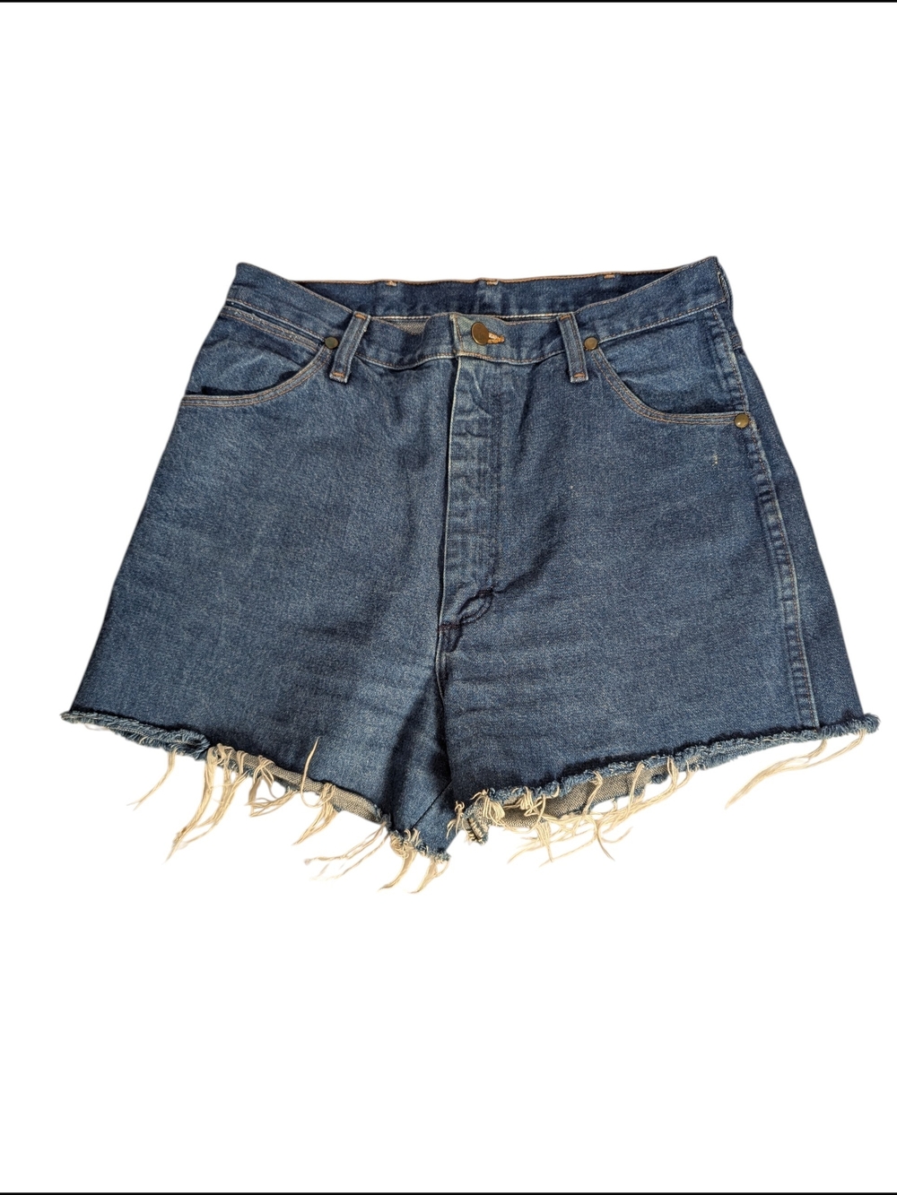 WOMENS WRANGLER BLUE HIGH RISE CUT OFF DENIM SHORTS SIZE 13/14